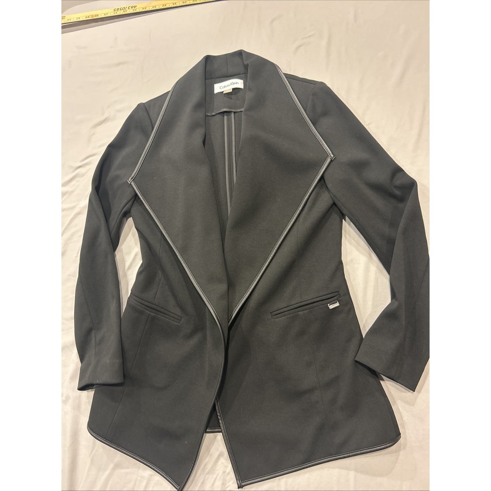 Calvin Klein Women's Dress Jacket‎ 4 Long Line Blazer Black  Leather Trim